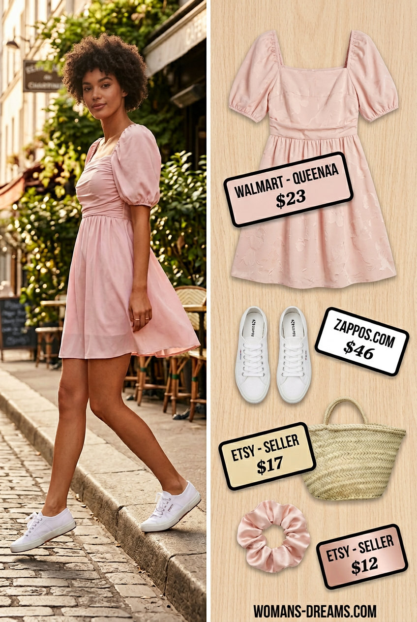 Polished casual Friday summer outfits for women 2026: Blush pink mini dress, white sneakers, straw bag, scrunchie.