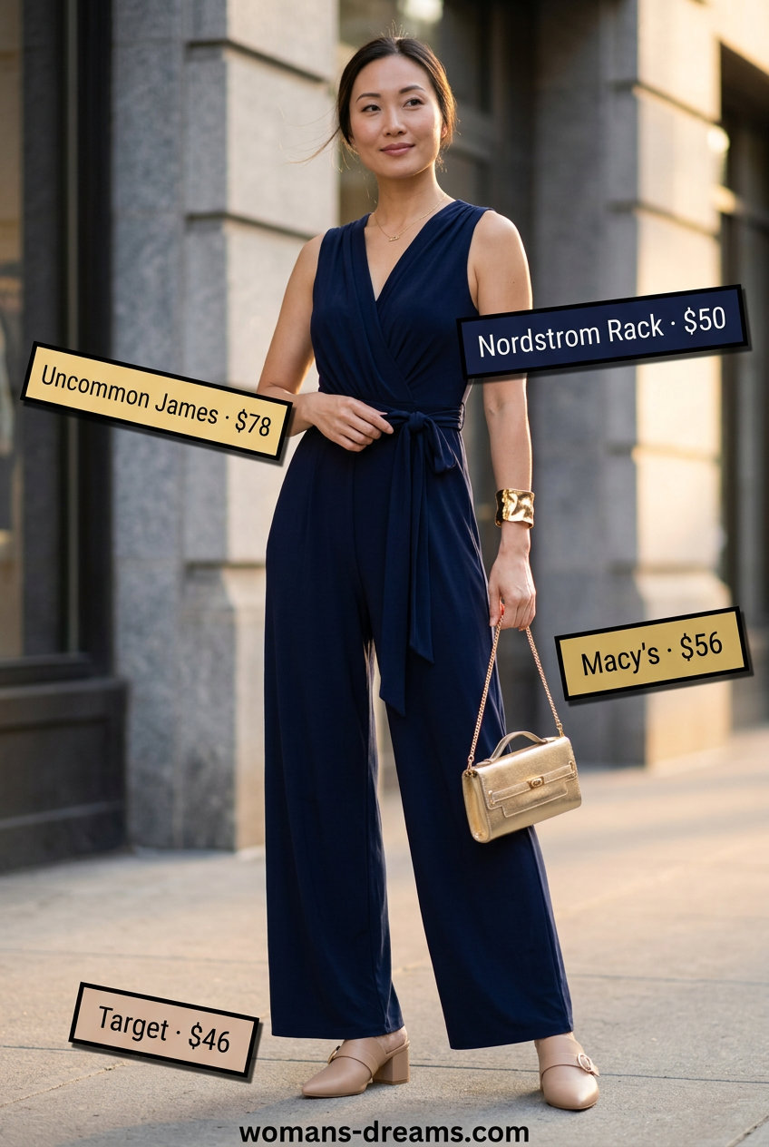 Elegant casual Friday summer outfits for women 2026: navy wide-leg jumpsuit, heeled mules & gold clutch.