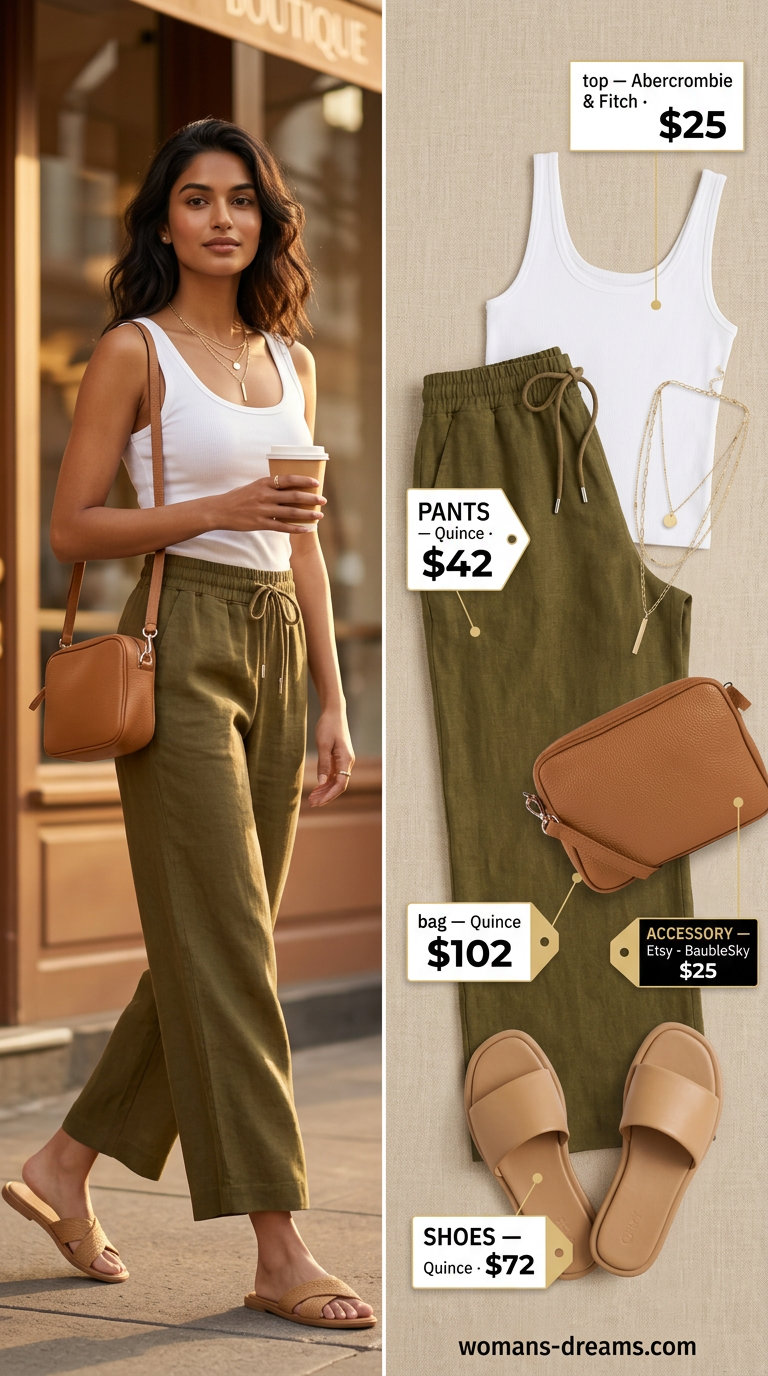 Polished casual Friday summer outfits for women 2026: Olive linen pants, cream tank, leather sandals, gold necklaces.