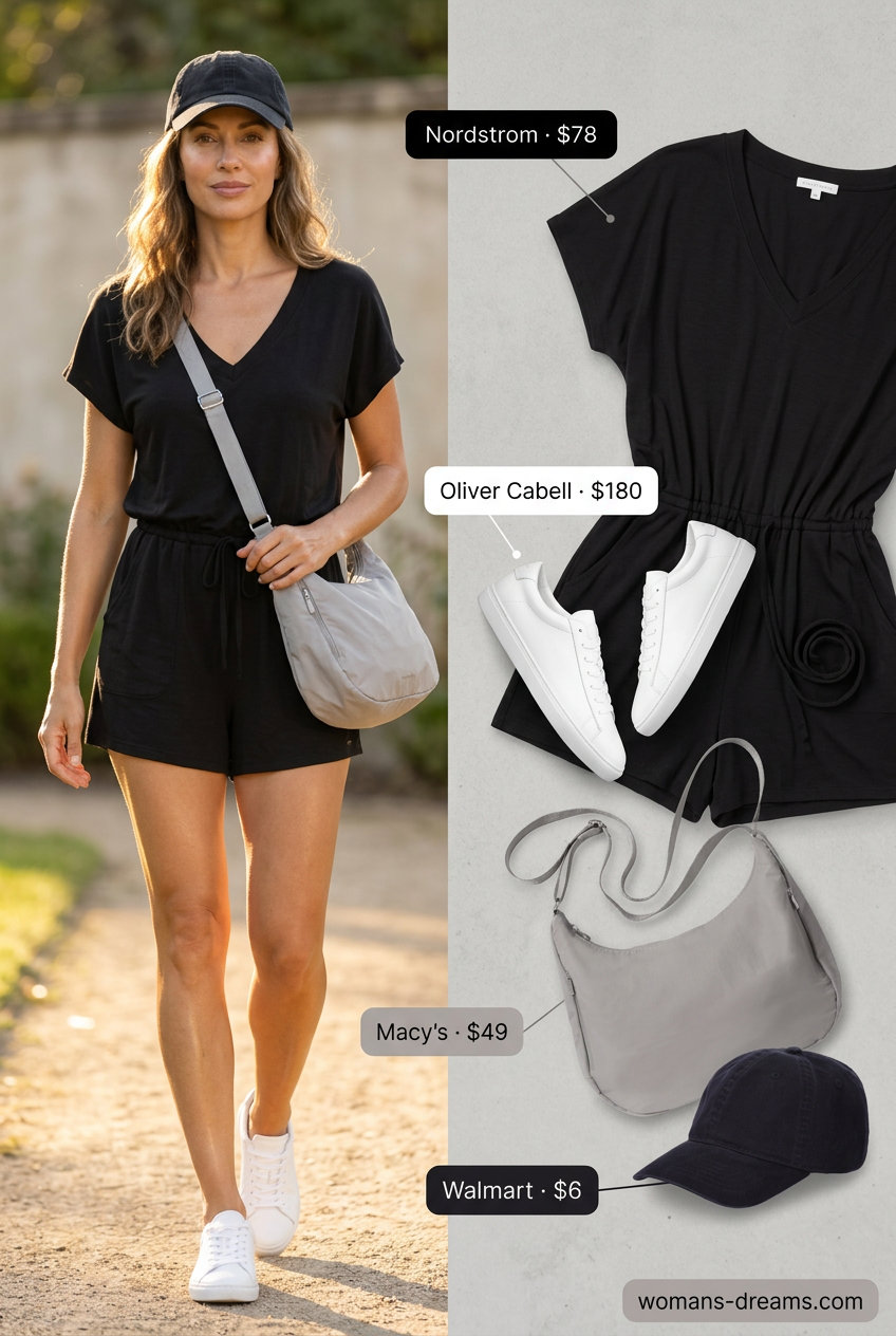 Sporty casual Friday summer outfits for women 2026: black romper, sneakers, cap & crossbody bag.