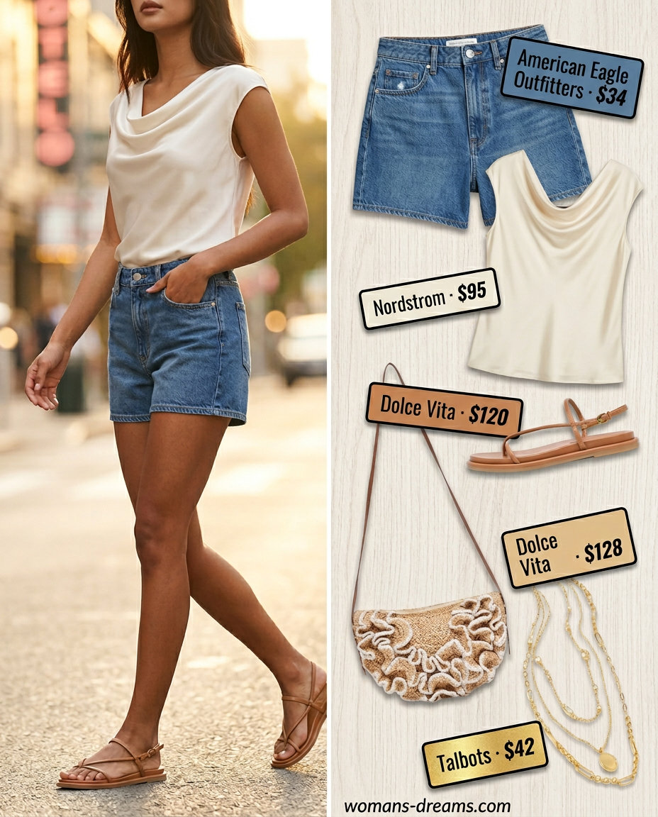 Polished casual Friday summer outfits for women 2026: Denim shorts, silk blouse, strappy sandals.