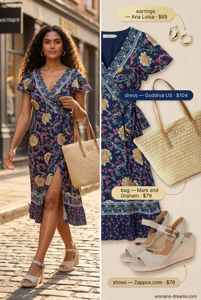 Polished casual Friday summer outfits for women 2026: Coral floral midi wrap dress, espadrilles, straw tote.