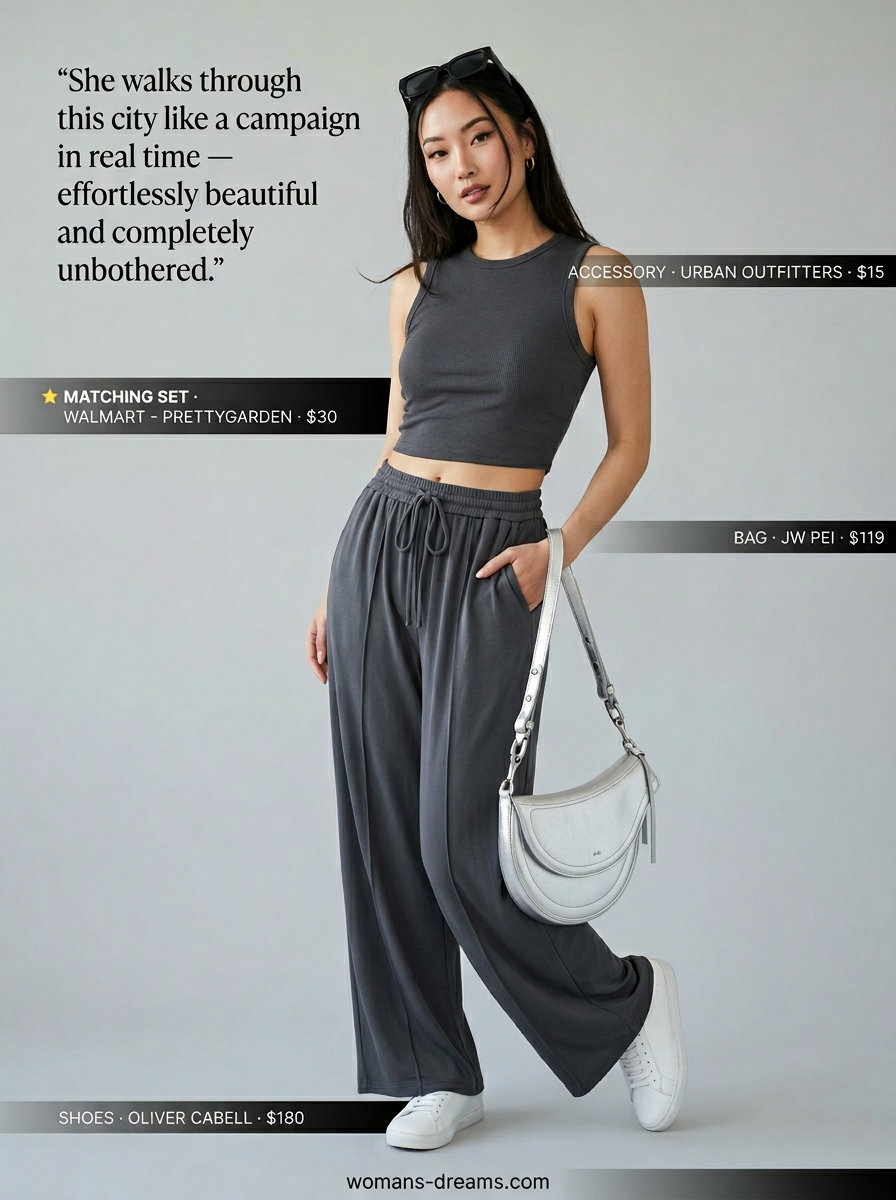 Polished casual Friday summer outfits for women 2026: Charcoal knit co-ord set, white sneakers, silver bag.