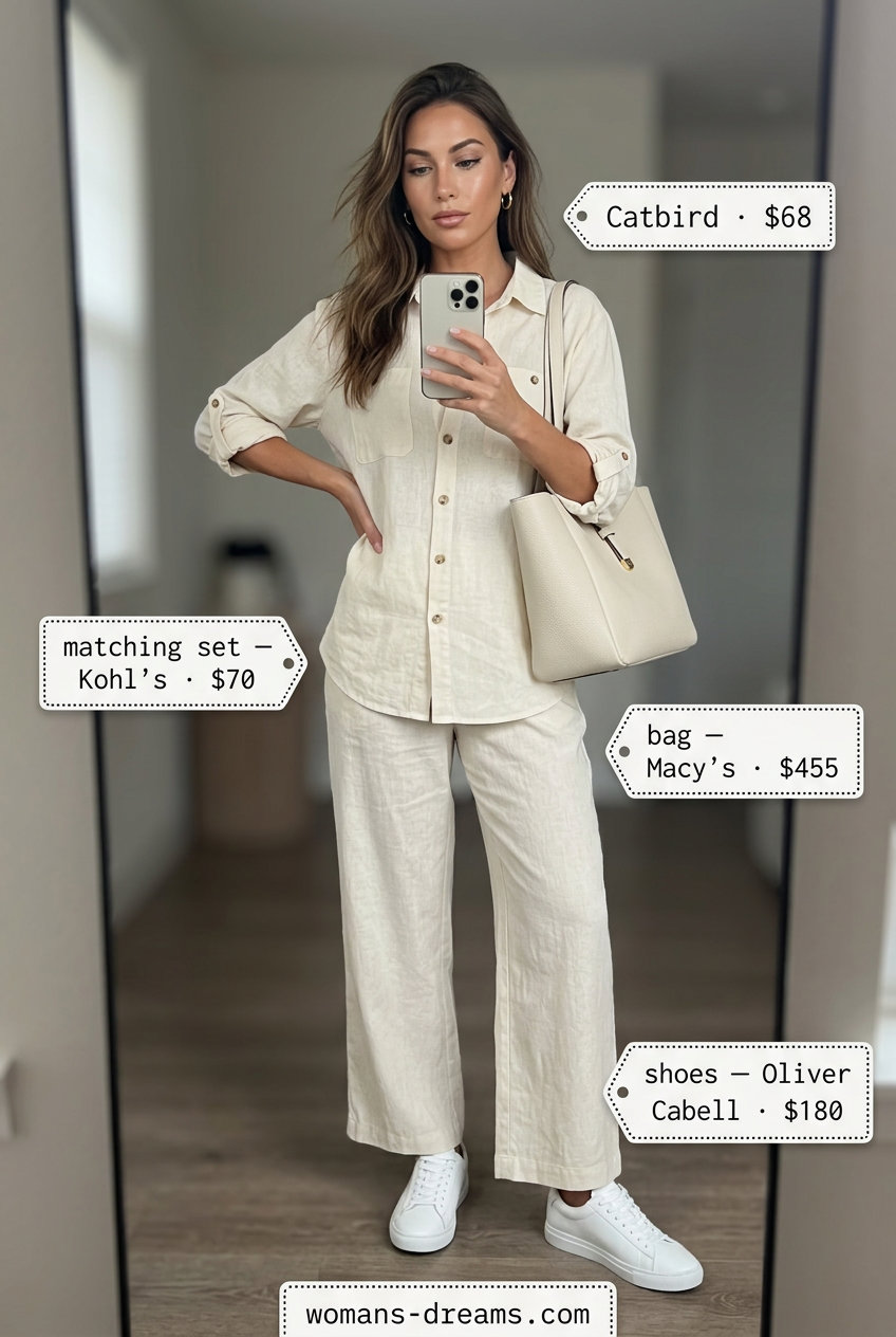 Polished casual Friday summer outfits for women 2026: Cream linen co-ord set, white sneakers, tote bag.