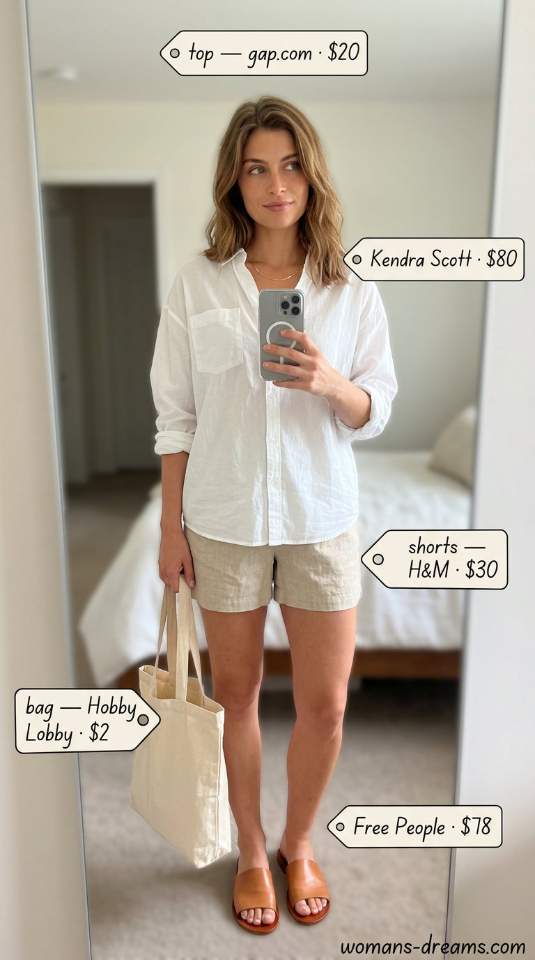 Polished casual Friday summer outfits for women 2026: Linen shorts, oversized white shirt, tan slides.