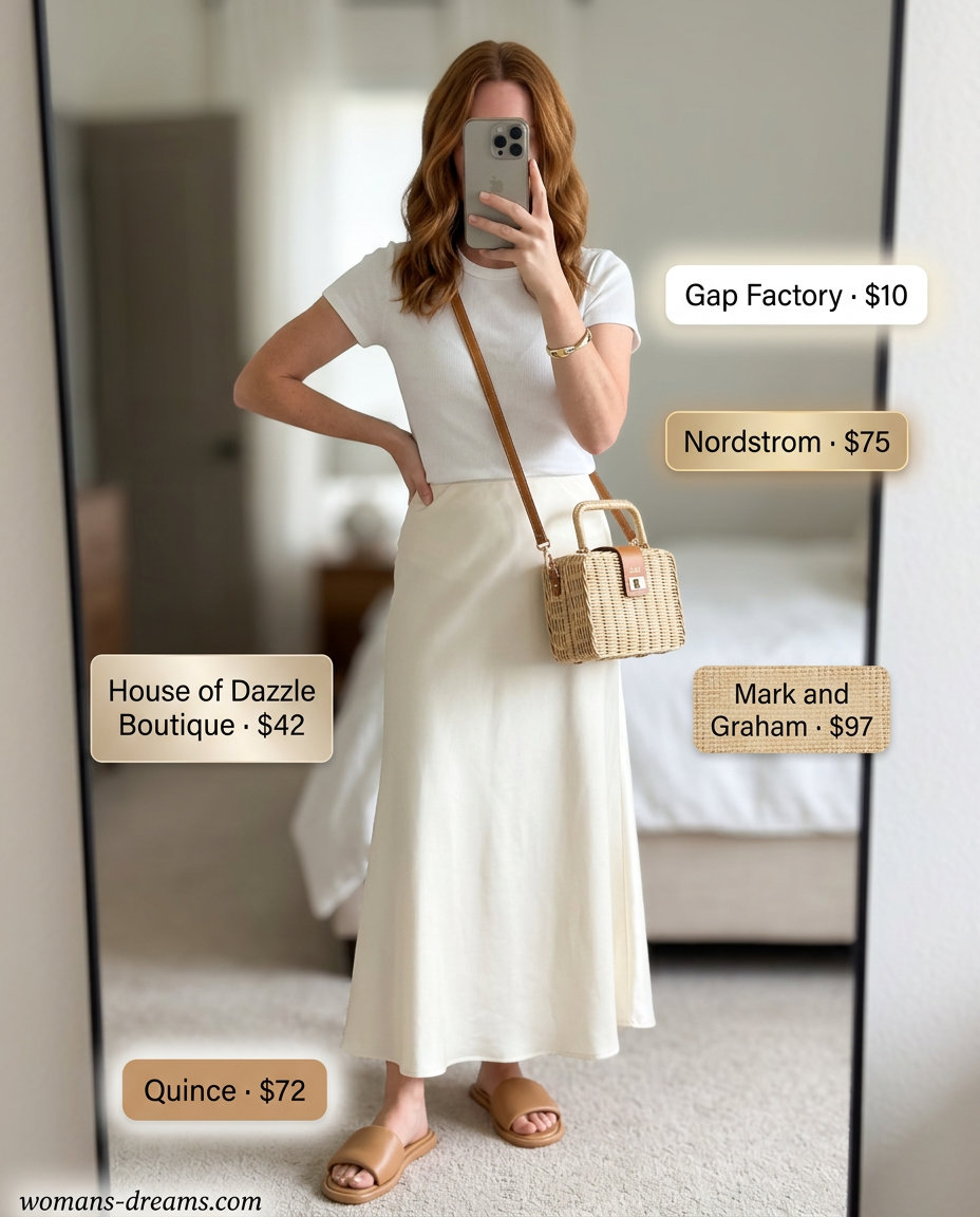 Polished casual Friday summer outfits for women 2026: Champagne satin midi skirt, white tee, tan slides.