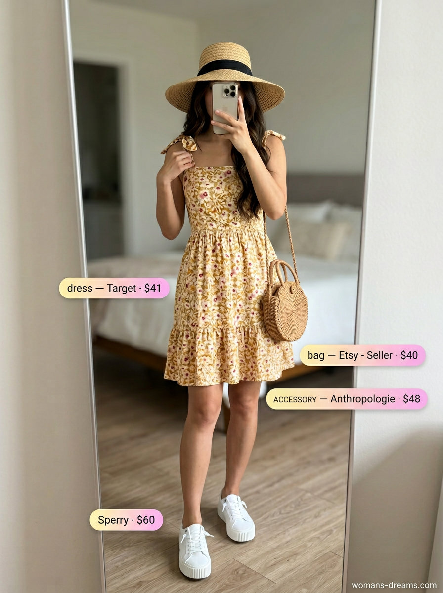 Polished casual Friday summer outfits for women 2026: Floral sundress, white sneakers, straw hat.