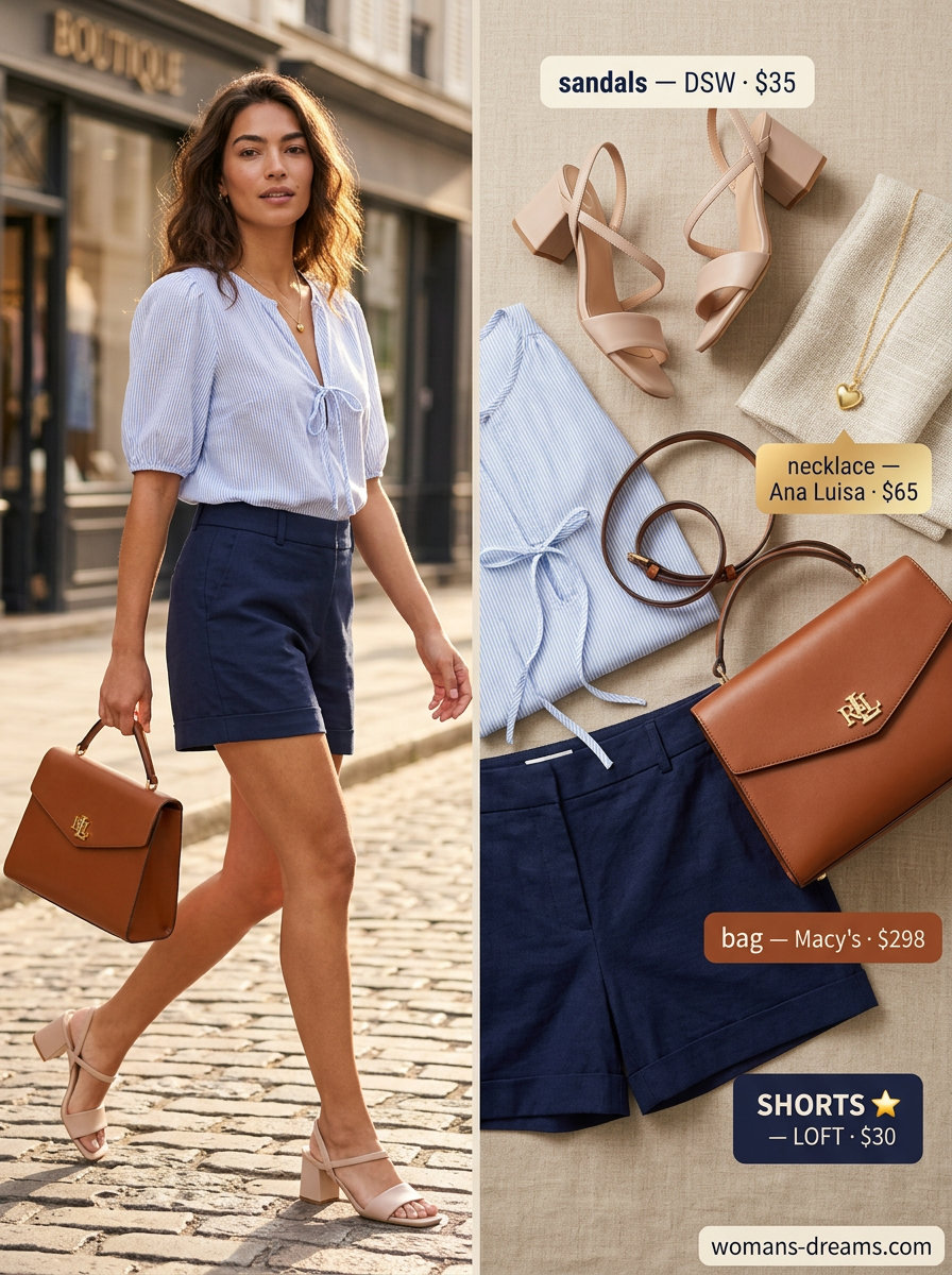 Polished casual Friday summer outfits for women 2026: Navy shorts, floral blouse, block heels.