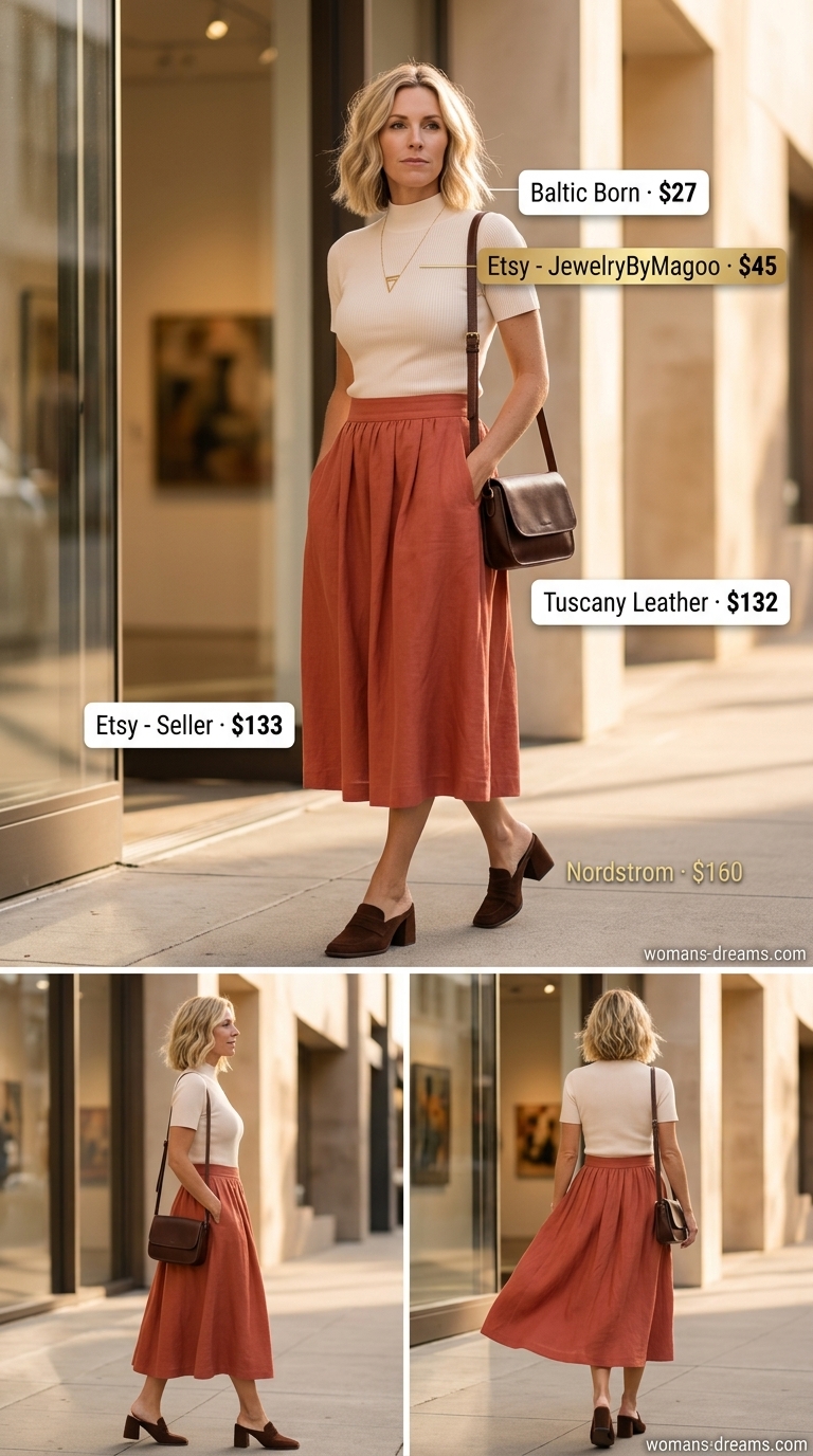 Polished summer outfit for women over 40 2026: Terracotta linen skirt, cream knit top, and deep brown suede mules.