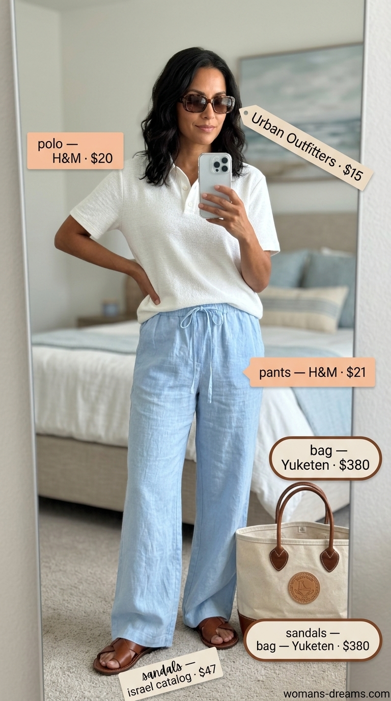 Polished summer outfit for women over 40 2026: Sky blue linen pants, white polo, brown slides for casual.