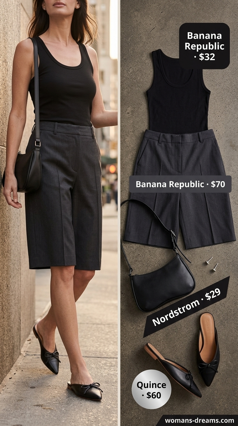 Polished summer outfit for women over 40 2026: charcoal gray shorts, black knit top, leather mules, silver earrings.