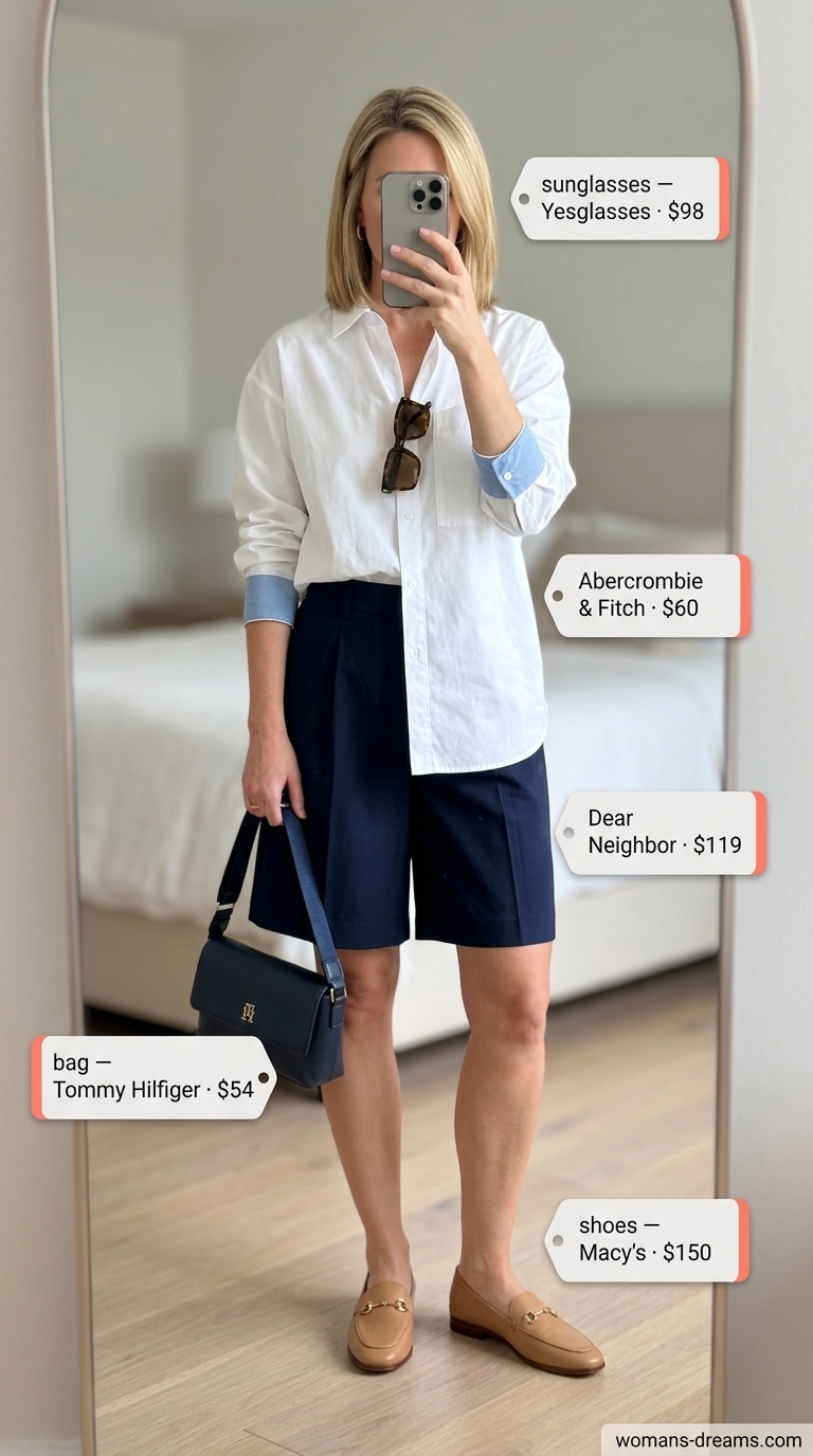 Polished summer outfit for women over 40 2026: Navy shorts, white shirt, tan loafers and tortoise sunglasses for brunch.