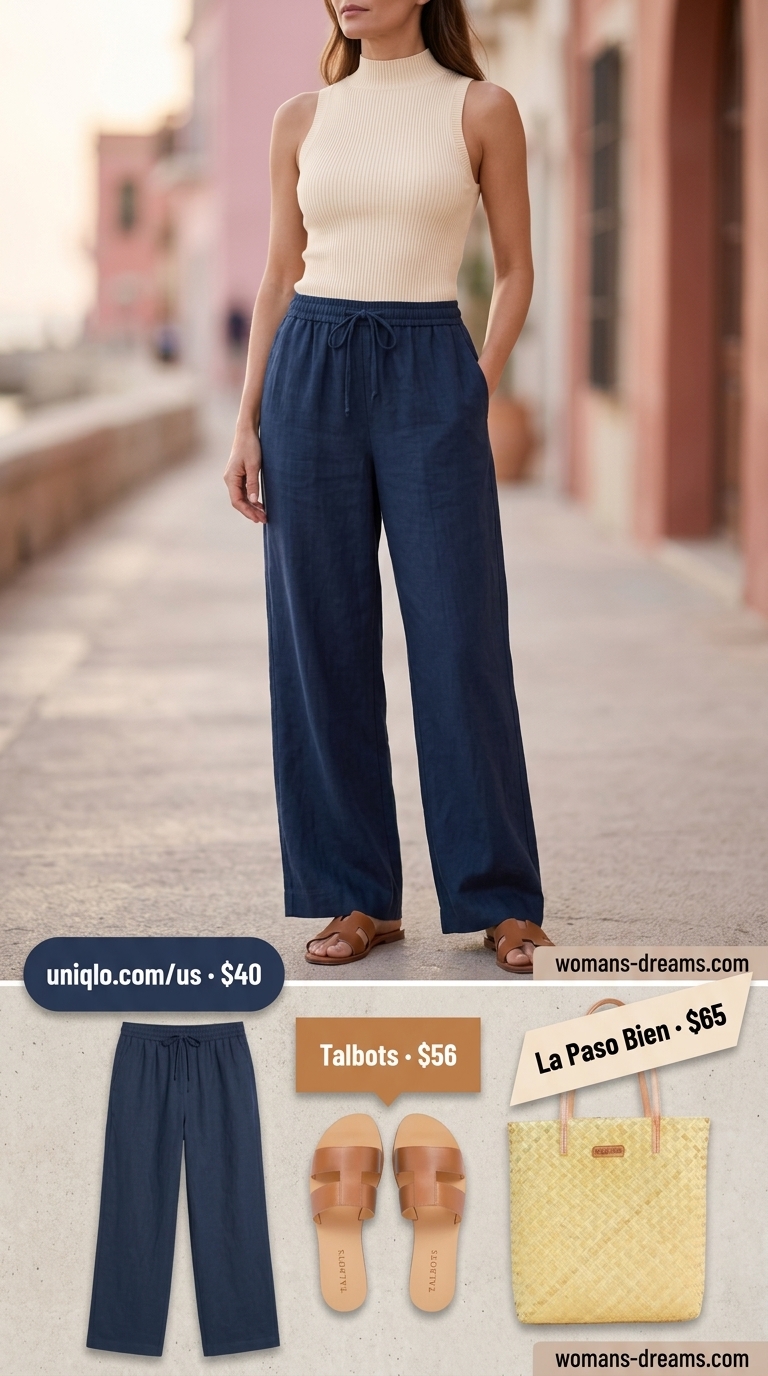 Polished summer outfit for women over 40 2026: navy wide-leg trousers, cream knit top, tan sandals, straw tote.