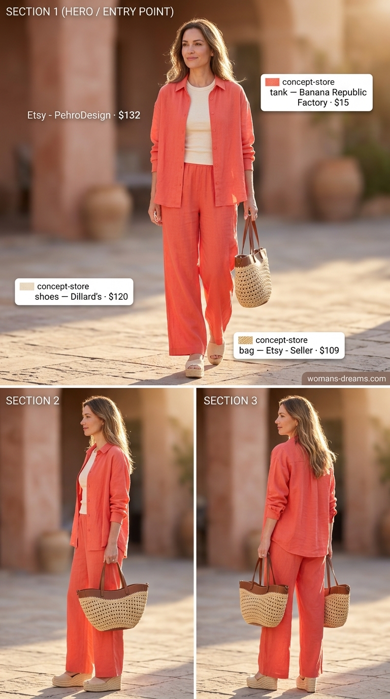 Polished summer outfit for women over 40 2026: Coral linen set, cream tank, espadrilles for resort.