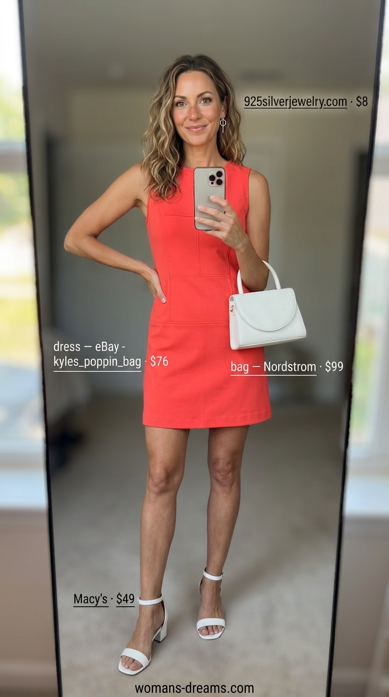 Polished summer outfit for women over 40 2026: Coral shift dress, white sandals for summer festival.