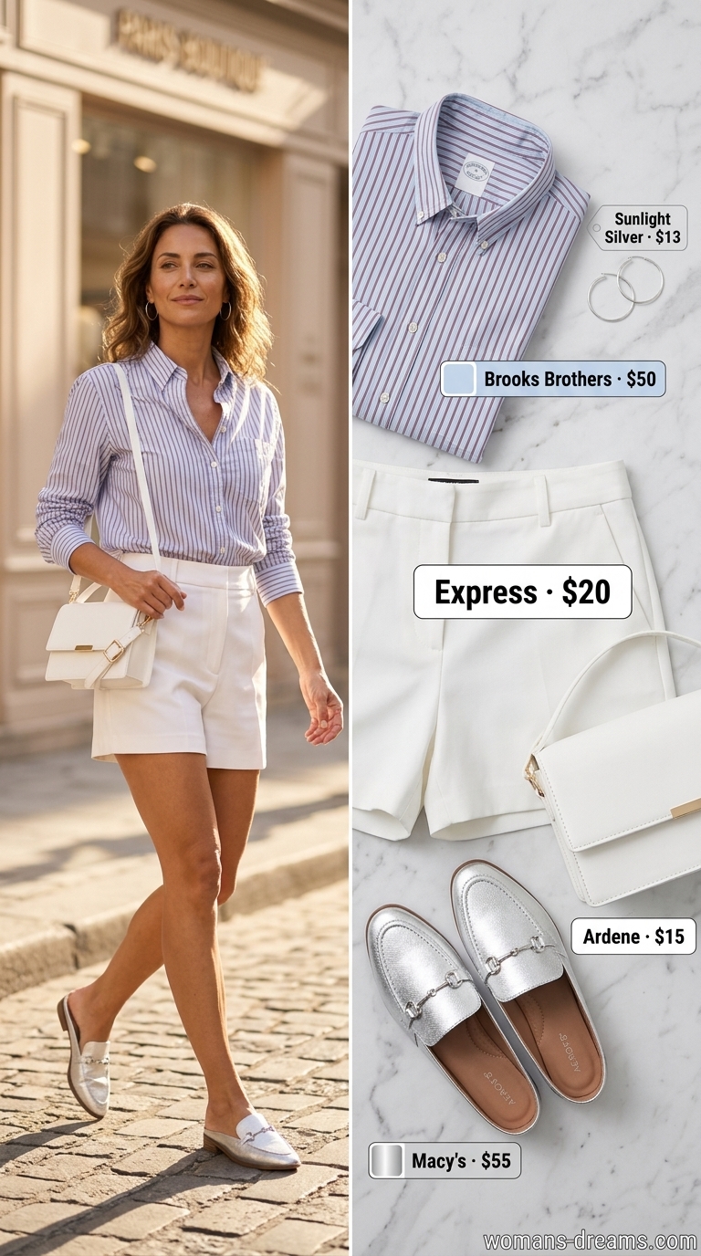 Polished summer outfit for women over 40 2026: White shorts, light blue shirt, silver flats for city brunch.