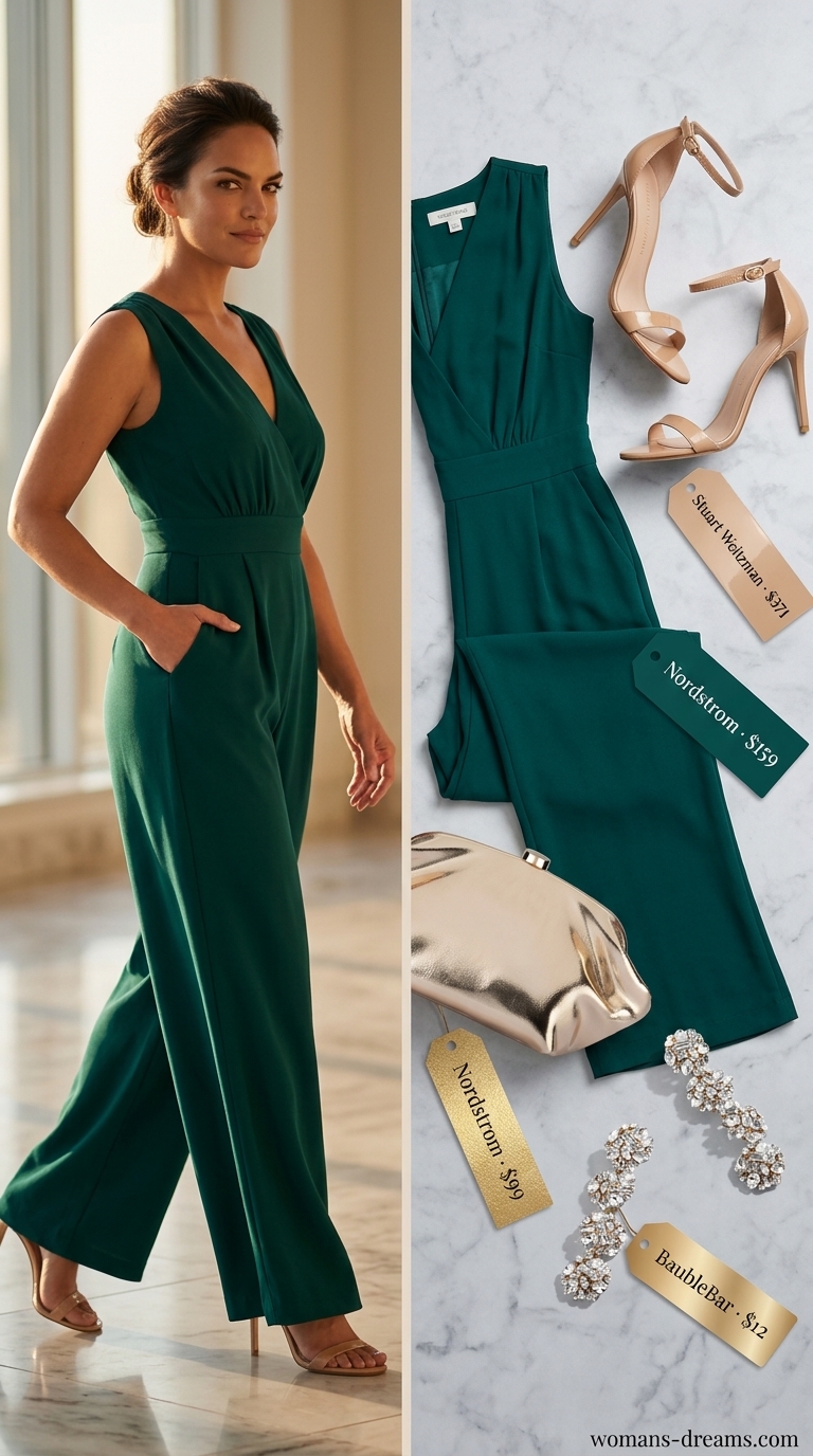Polished summer outfit for women over 40 2026: Emerald green wide-leg jumpsuit with nude heels and gold statement earrings.