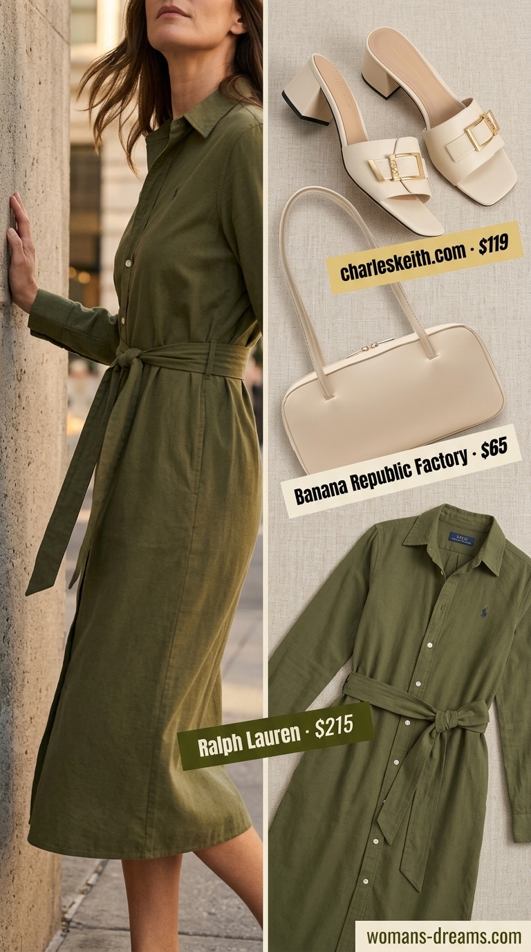 Polished summer outfit for women over 40 2026: olive green shirt dress, cream mules, gold necklace, structured bag.