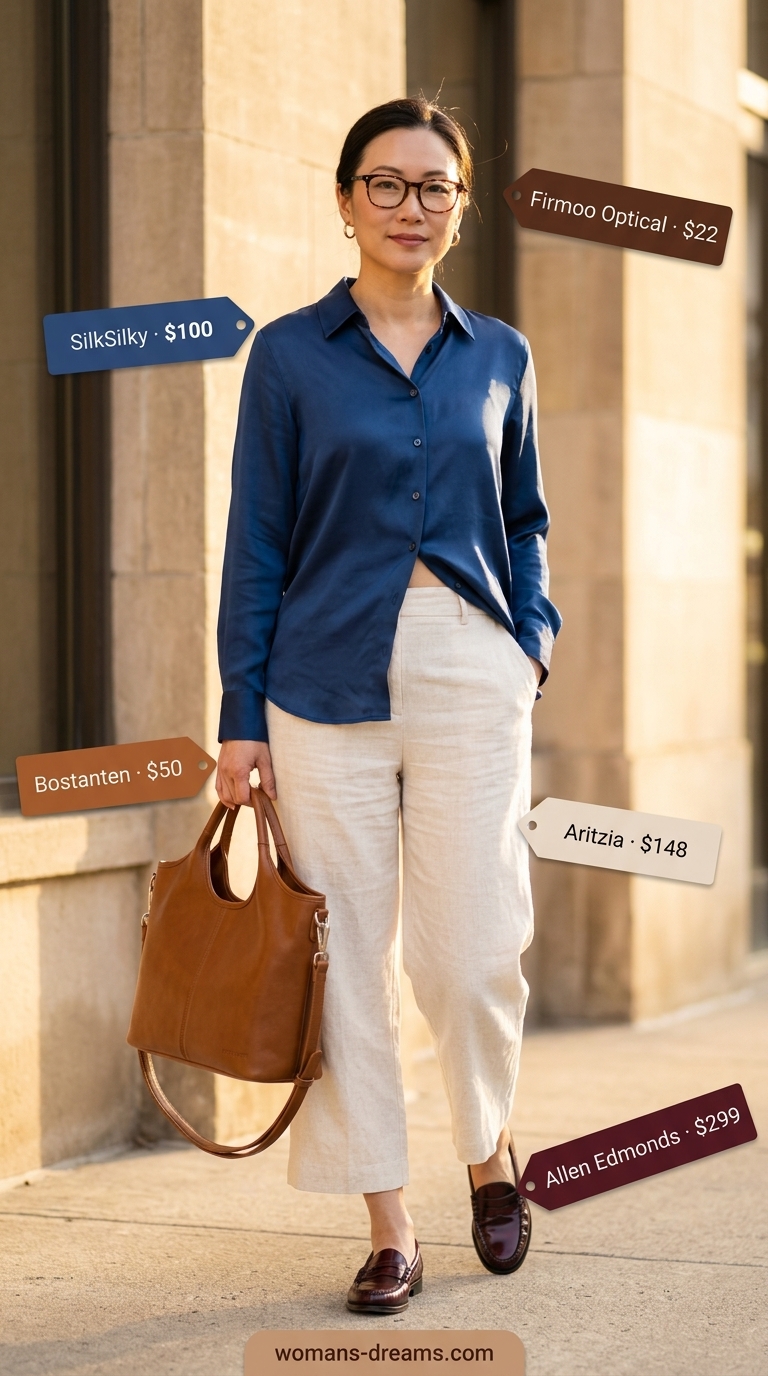Polished summer outfit for women over 40 2026: cream pants, navy silk shirt, burgundy loafers, structured satchel.
