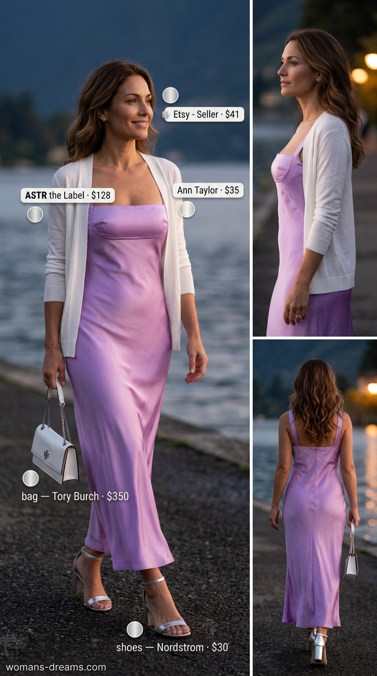 Polished summer outfit for women over 40 2026: lavender slip dress, silver sandals, cream cardigan, white mini bag.