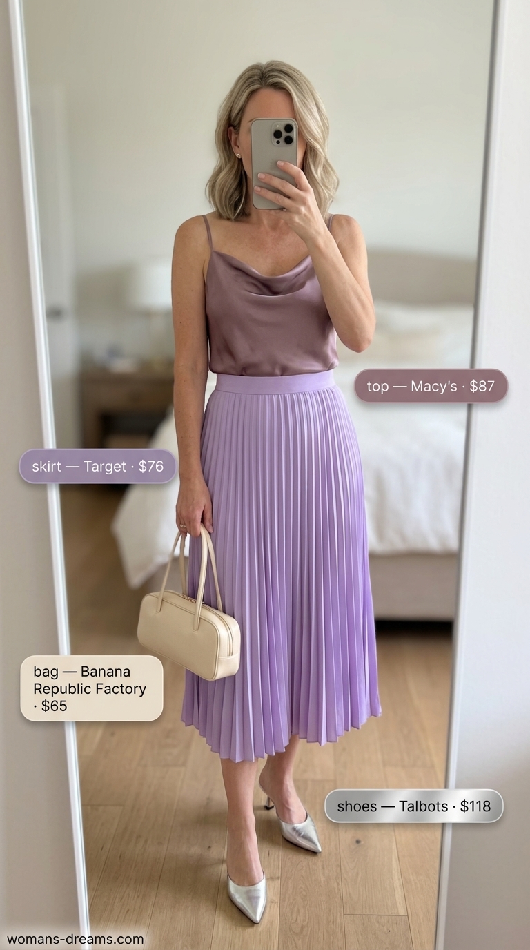 Polished summer outfit for women over 40 2026: Lavender skirt, cream cami, silver mules for garden party.
