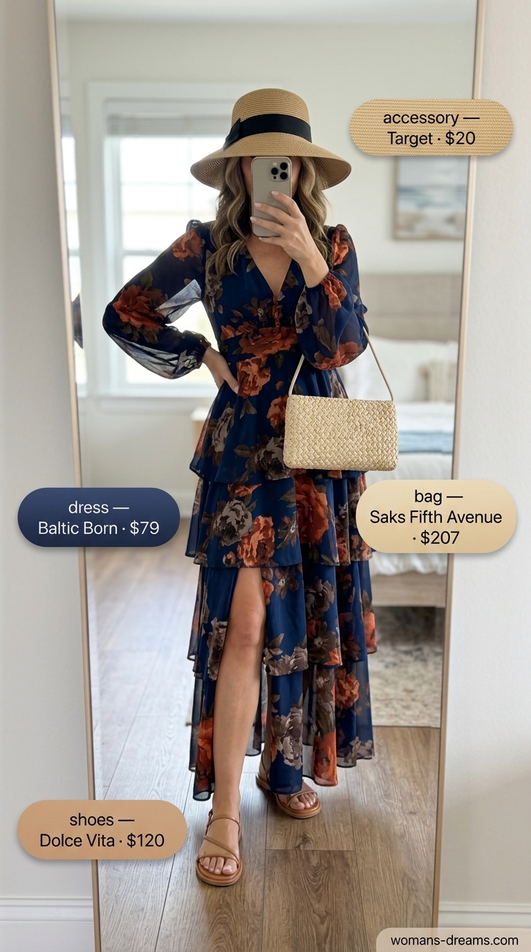 Polished summer outfit for women over 40 2026: Navy floral maxi dress, tan sandals, and straw hat for resort evenings.