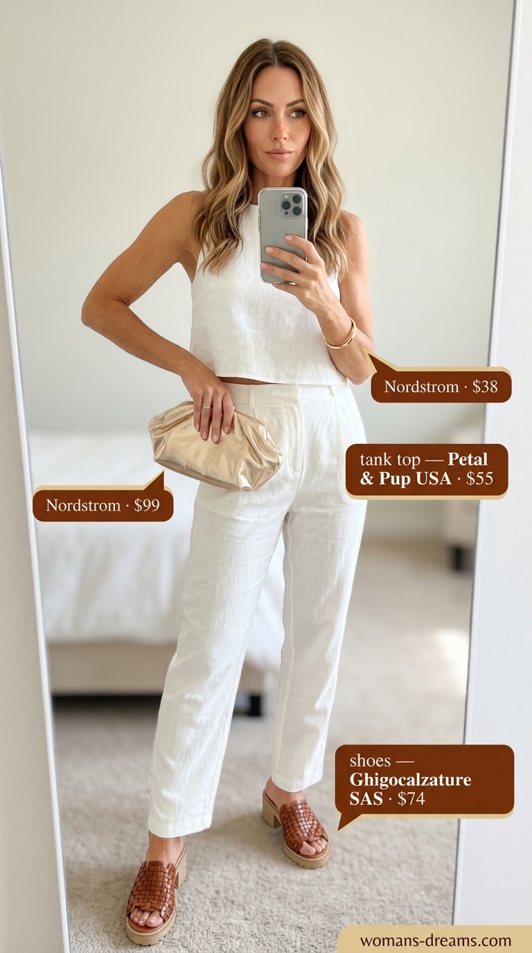 Polished summer outfit for women over 40 2026: Ivory linen matching set with gold accessories and cognac mules.