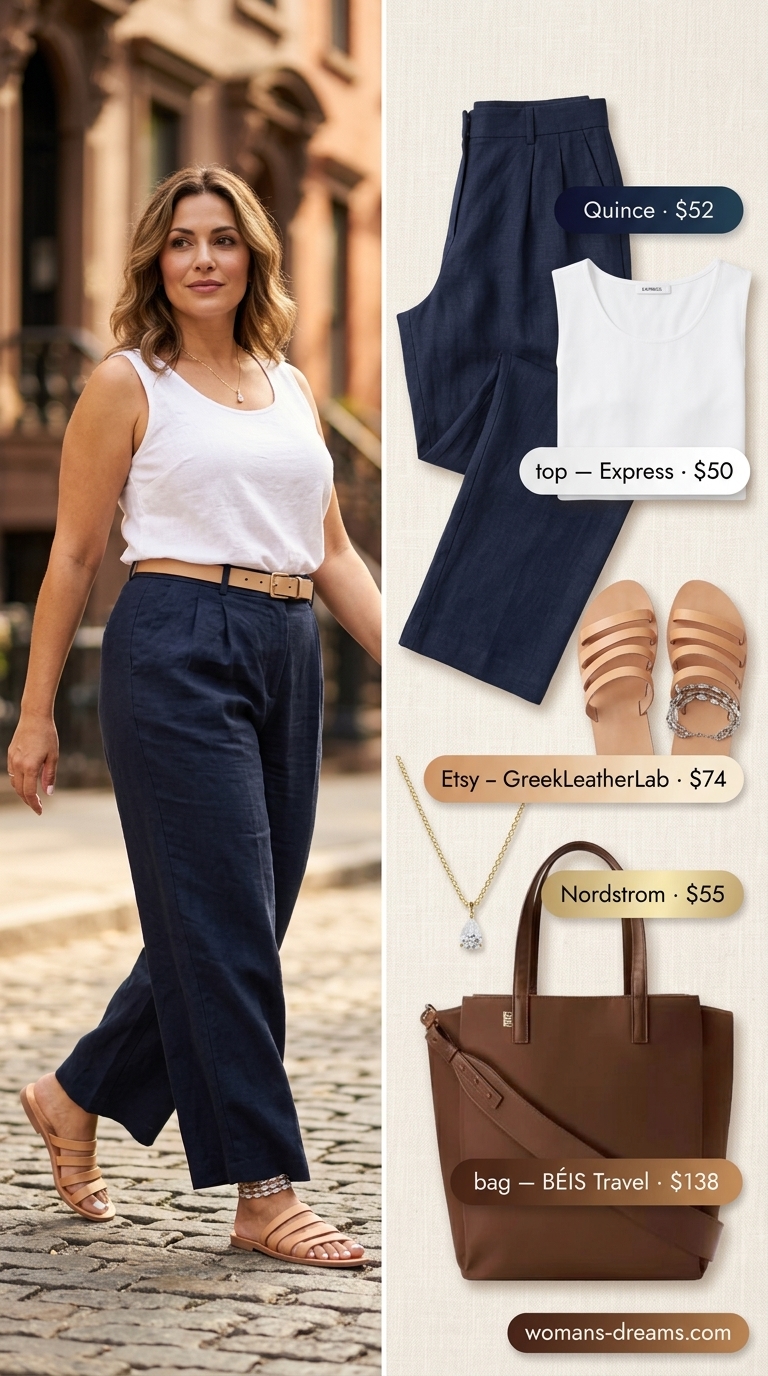 Polished summer outfit for women over 40 2026: Navy linen pants, white silk top, tan sandals for beach dinner.
