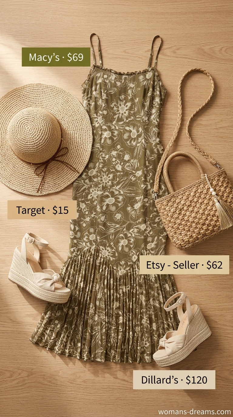 Polished summer outfit for women over 40 2026: Olive floral dress, beige espadrilles, straw hat for wine tasting.