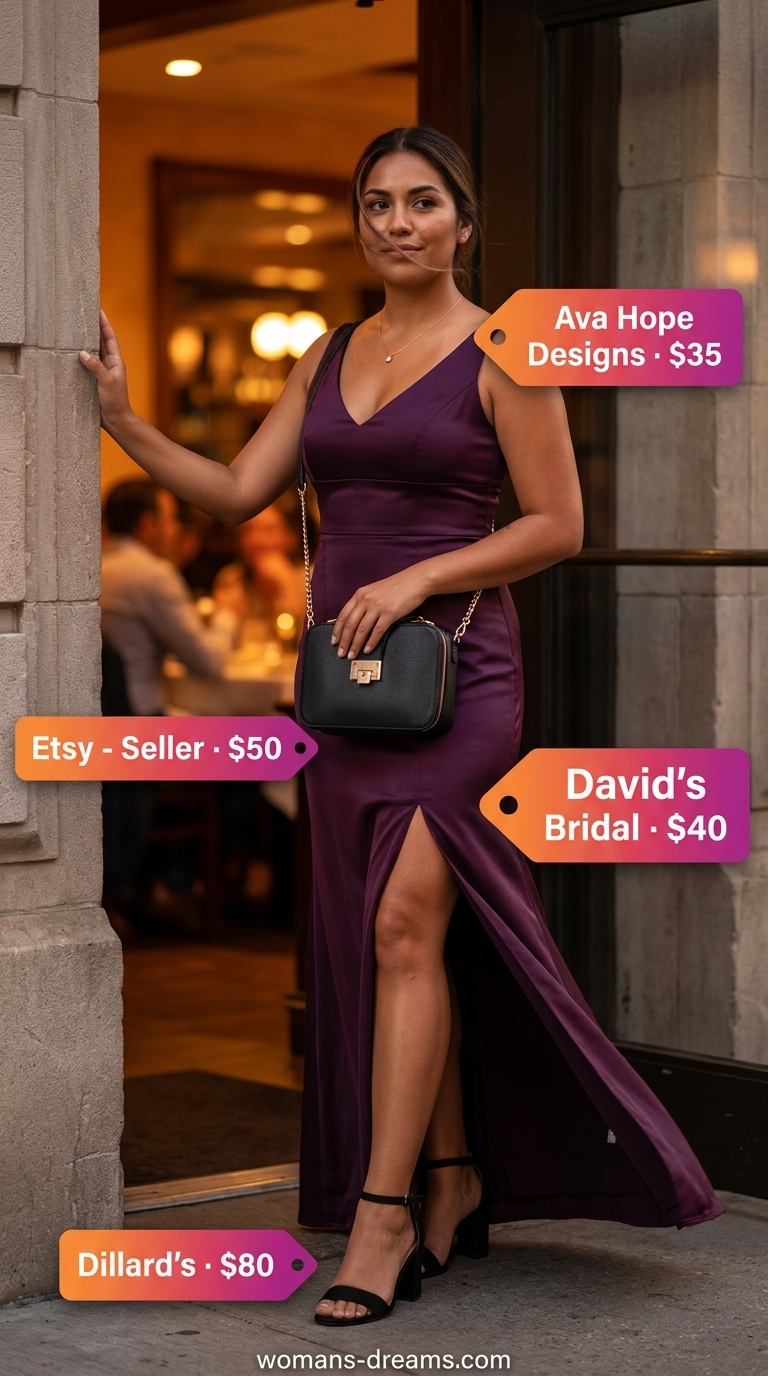 Polished summer outfit for women over 40 2026: Plum maxi slip dress, black sandals for date night.