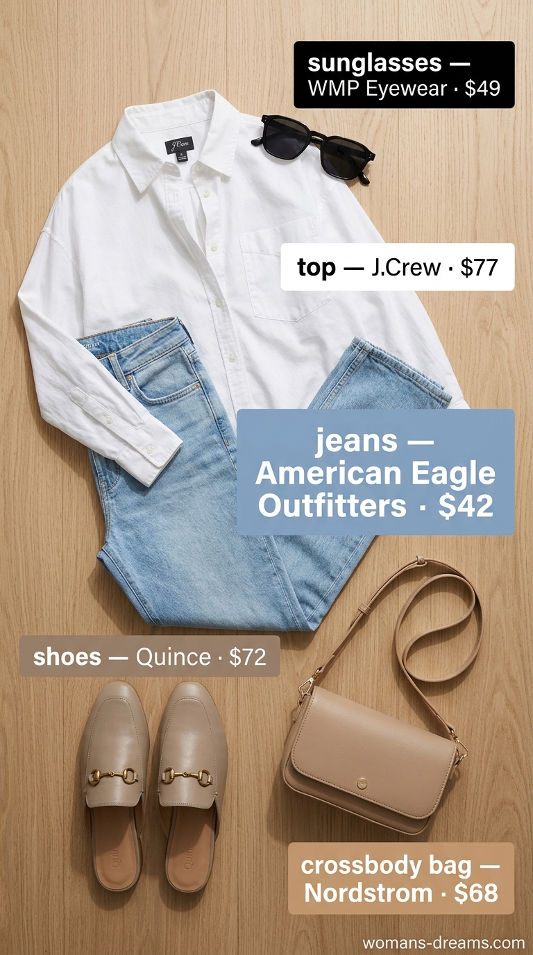 Polished summer outfit for women over 40 2026: White button-down, light wash jeans, and tan loafers for weekend casual.
