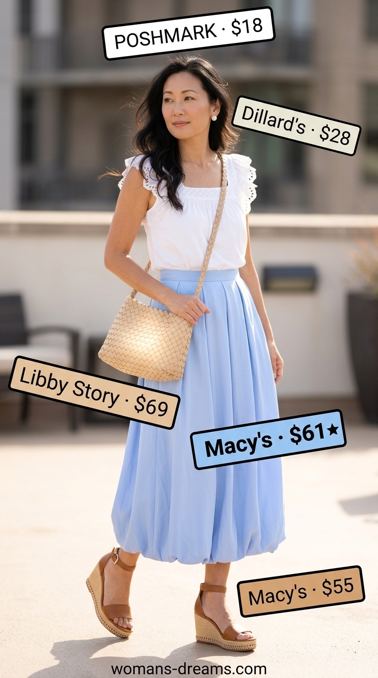 Polished summer outfit for women over 40 2026: sky blue skirt, white eyelet top, espadrille wedges, woven crossbody.