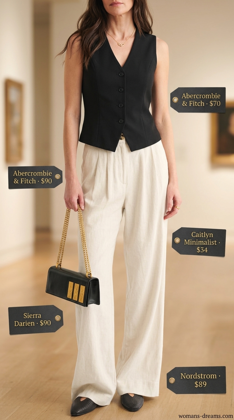 Polished summer outfit for women over 40 2026: ecru wide-leg pants, black vest top, black slingbacks, gold necklace.