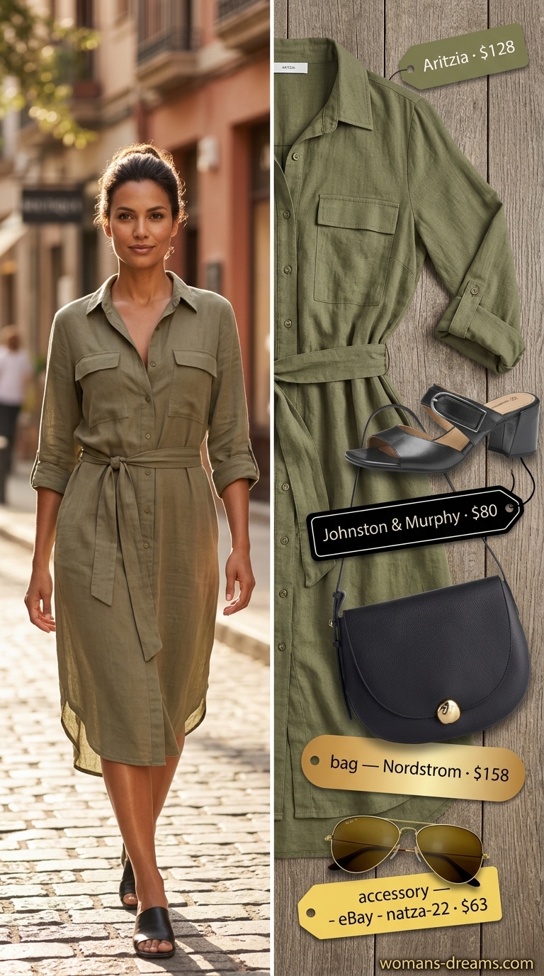 Polished summer outfit for women over 40 2026: Khaki green midi shirt dress, black leather sandals, and gold aviators.