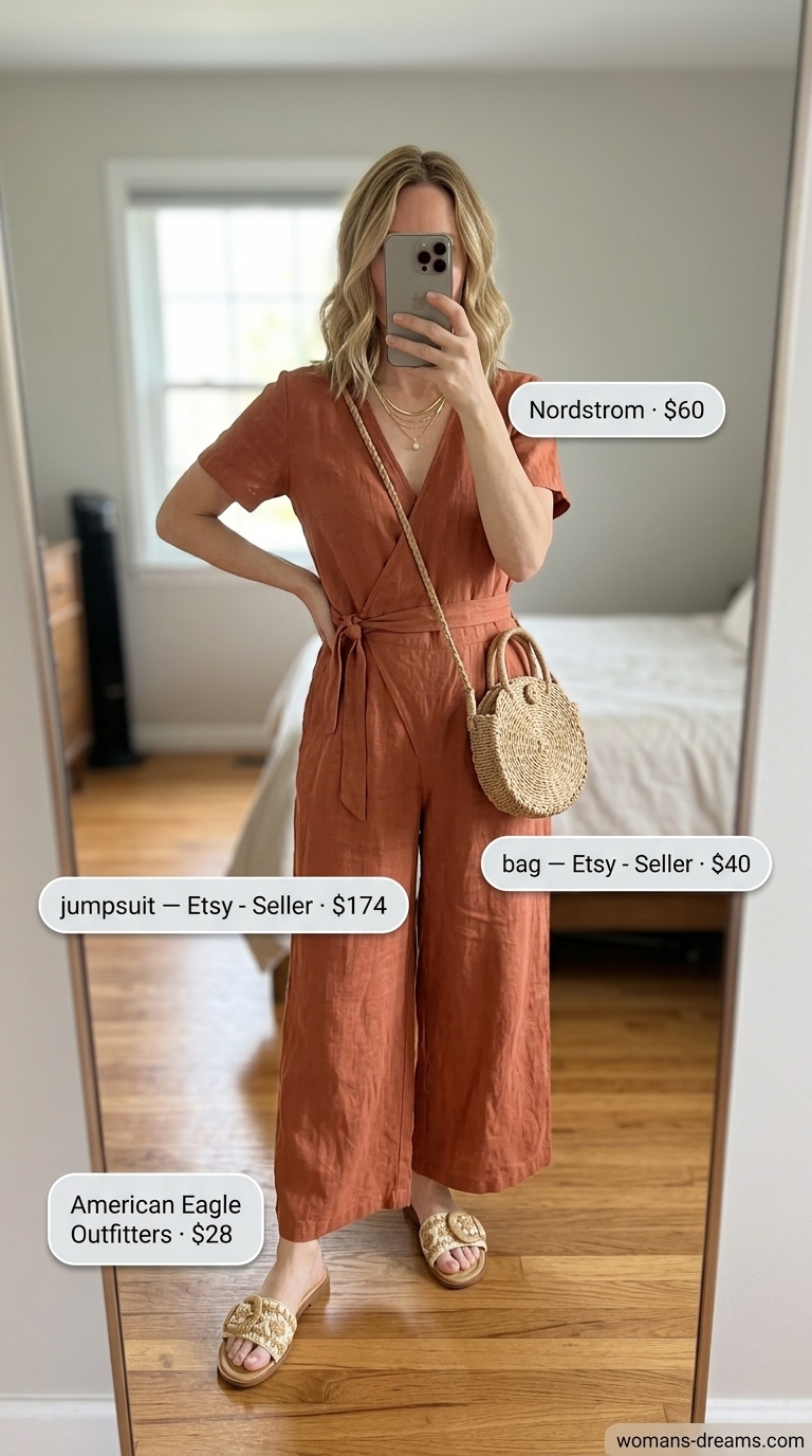 Polished summer outfit for women over 40 2026: Terracotta jumpsuit, raffia sandals for vacation dinner.