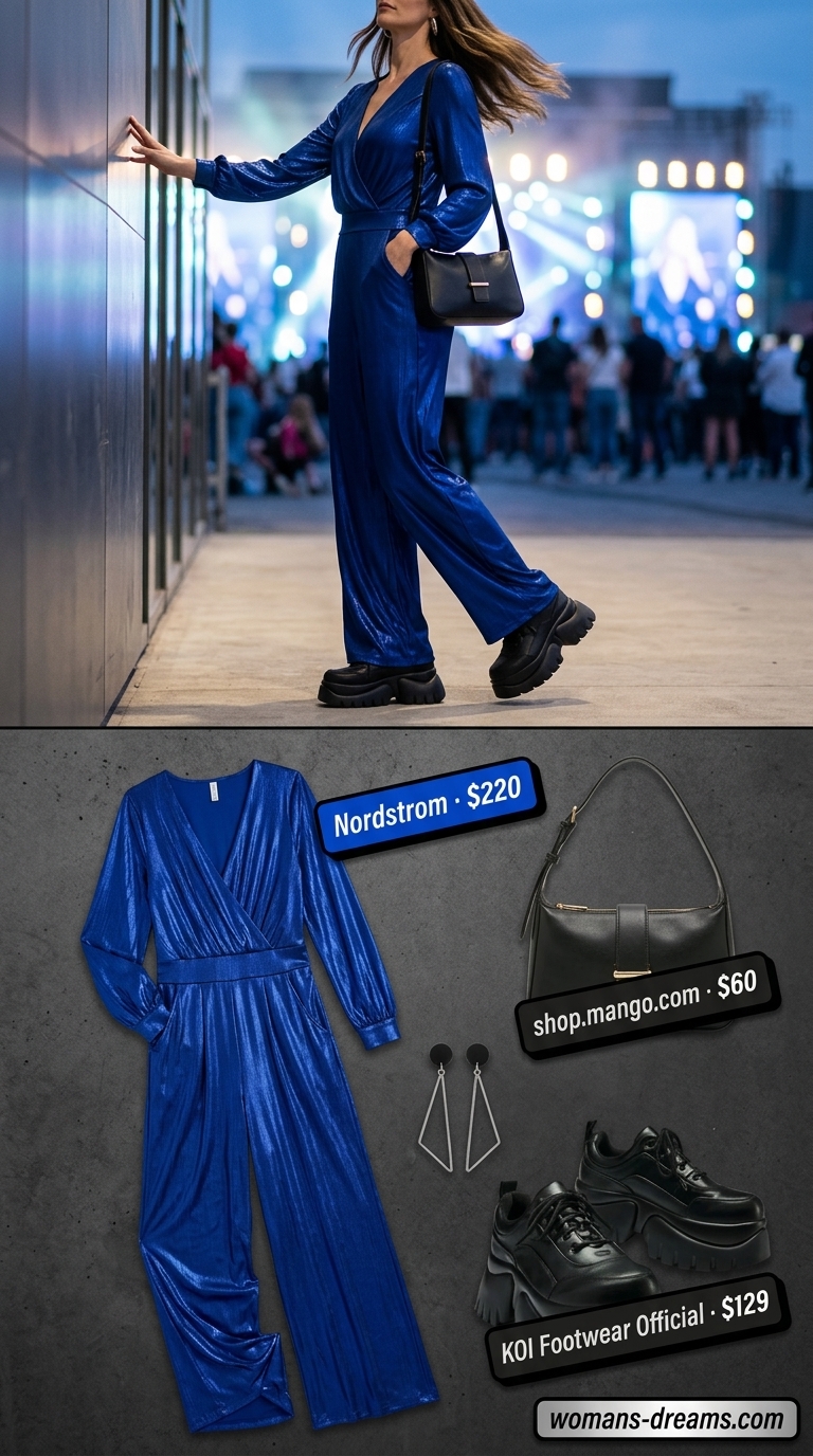 Royal blue metallic jumpsuit with chunky sneakers for sparkle concert outfits for women summer 2026.