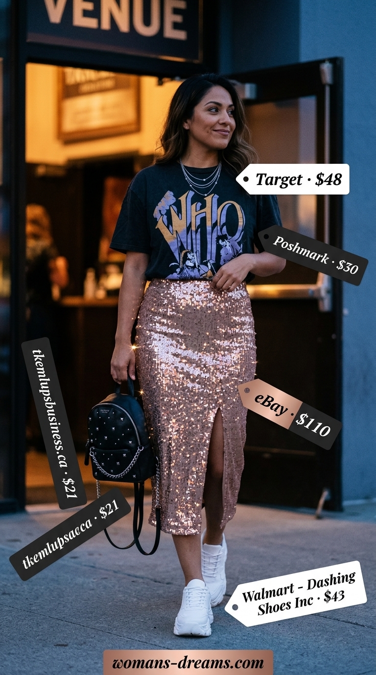 Sparkle concert outfits for women summer 2026: Rose gold sequin skirt, band tee, chunky sneakers, and mini backpack for a pop-punk glam look.