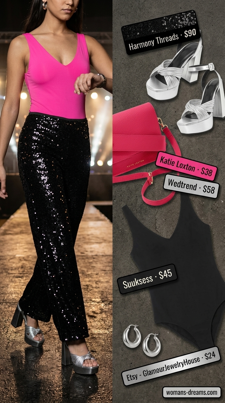 Sparkle concert outfits for women summer 2026: Black sequin wide-leg pants, bodysuit, platform sandals, and hot pink bag for a disco diva look.