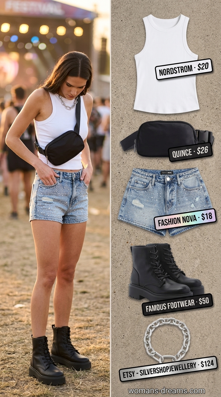 Distressed denim shorts with iridescent rhinestones for sparkle concert outfits for women summer 2026.