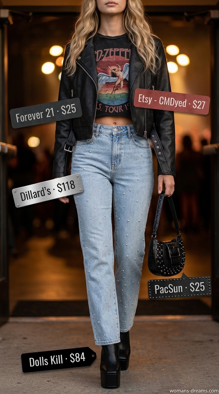 Edgy black graphic crop top and rhinestone jeans for sparkle concert outfits for women summer 2026.