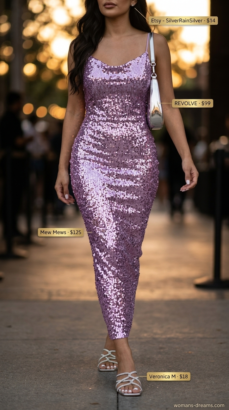 Sparkle concert outfits for women summer 2026: Lavender sequin slip dress, silver strappy sandals, and silver mini bag for a romantic date night.