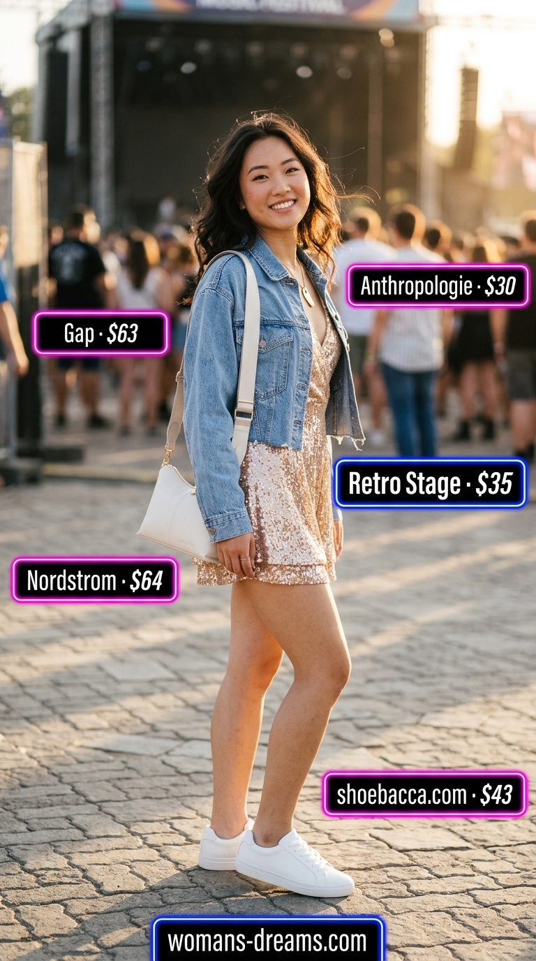 Sparkle concert outfits for women summer 2026: Champagne sequin romper, denim jacket, and white sneakers for a playful chic look.