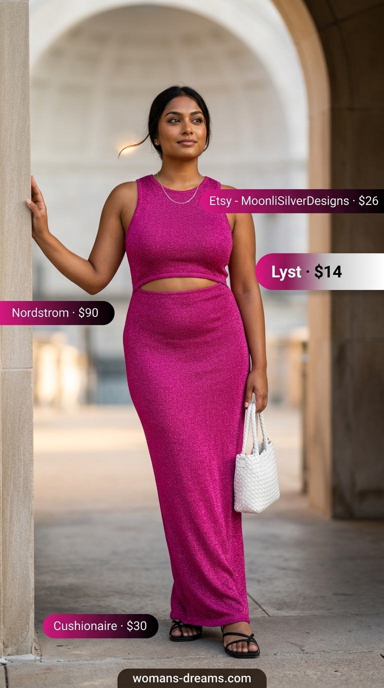 Sparkle concert outfits for women summer 2026: Fuchsia glitter maxi dress, white sandals, and layered silver necklaces for an ethereal look.