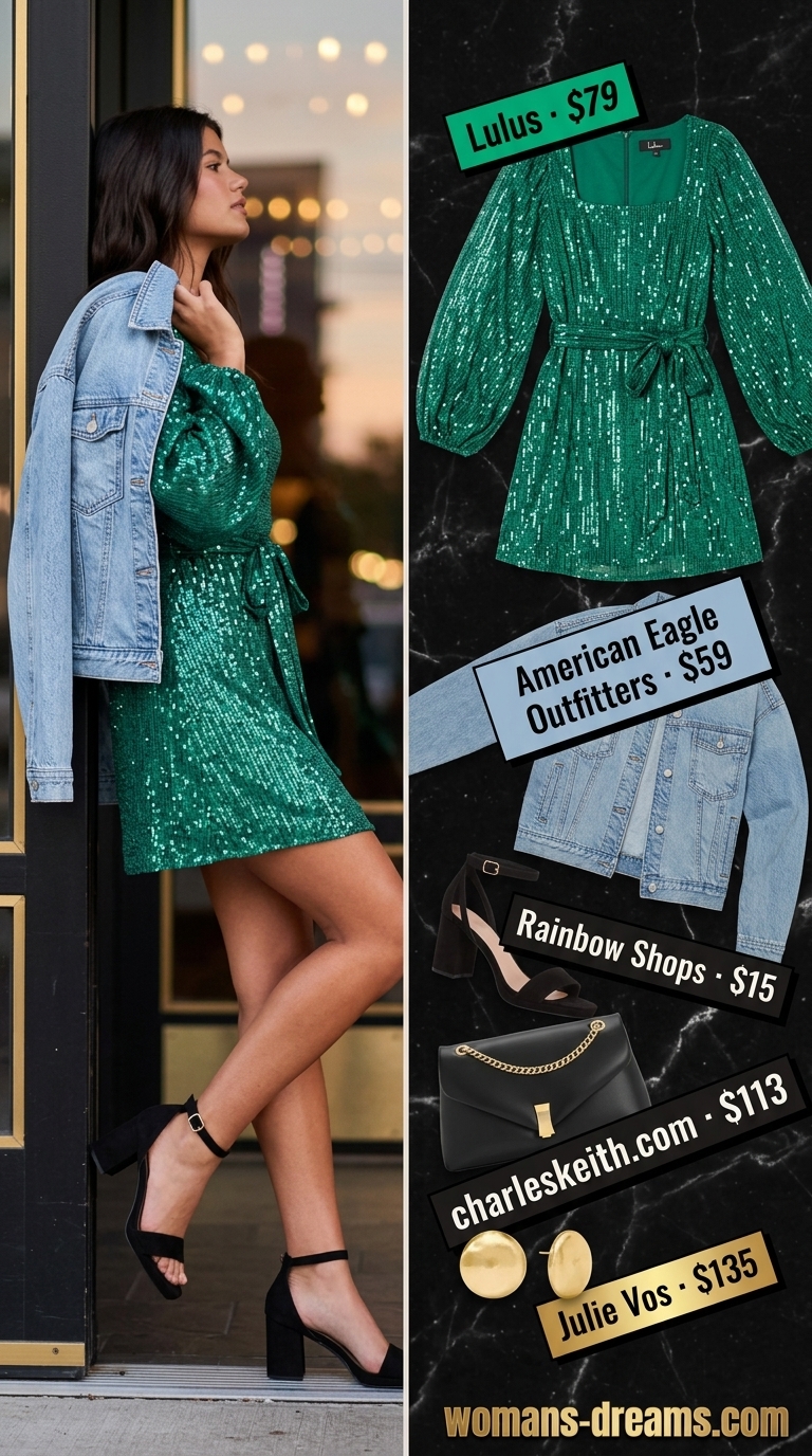 Emerald green sequin mini dress with gold accessories for sparkle concert outfits for women summer 2026.