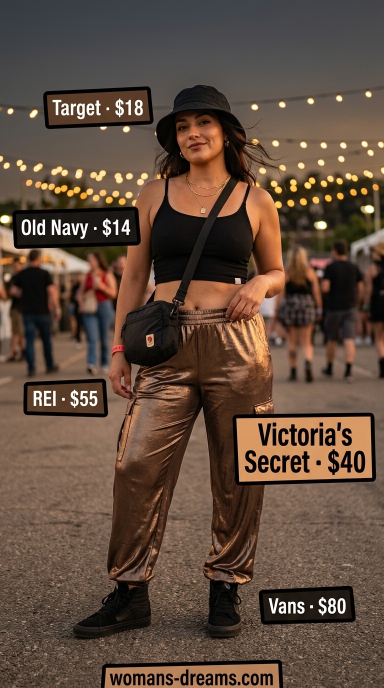 Bronze metallic cargo pants with black crop top for sparkle concert outfits for women summer 2026.