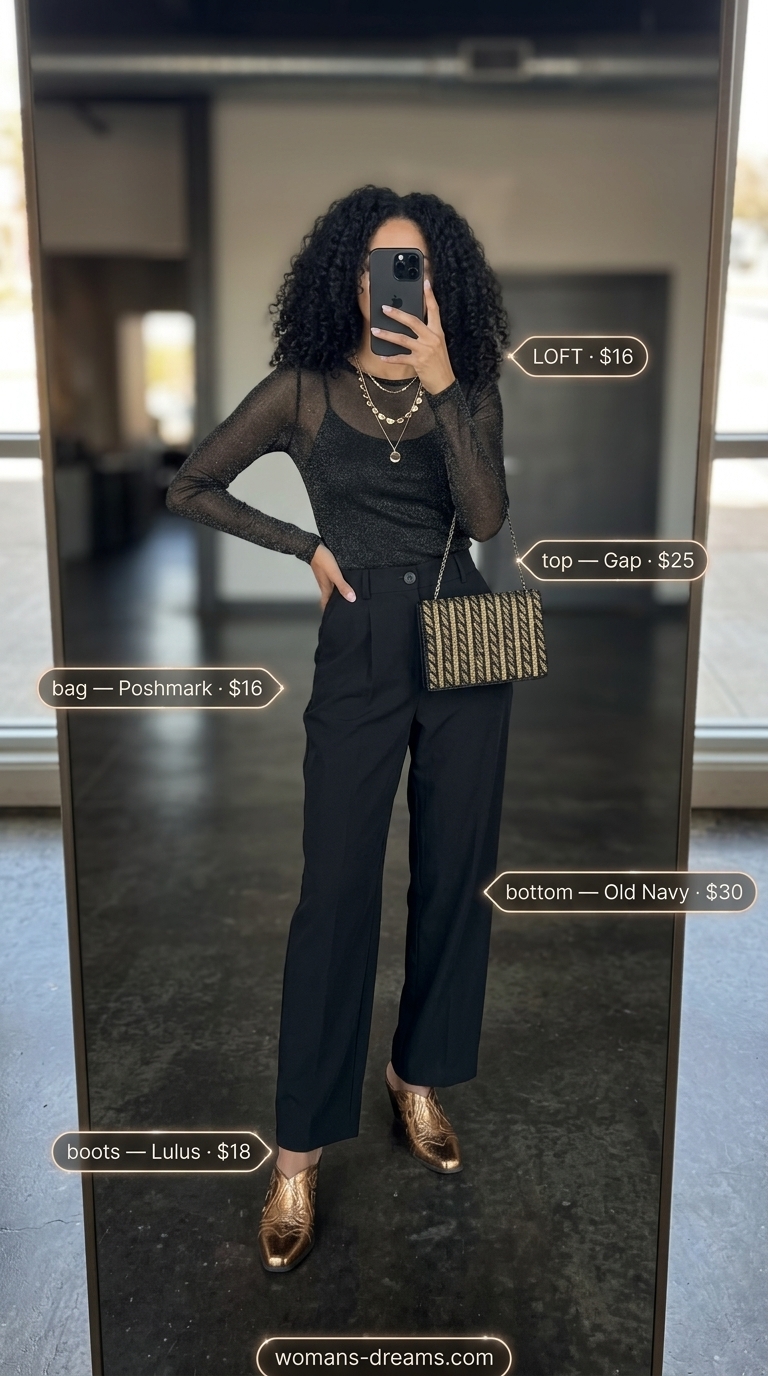 Sparkle concert outfits for women summer 2026: Sheer glitter top, wide-leg trousers, and heeled mules for a celestial desert rave look.