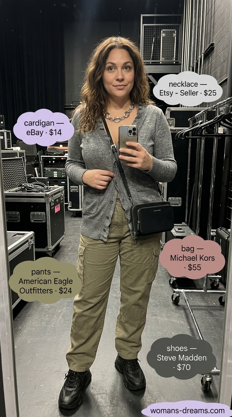 Sparkle concert outfits for women summer 2026: Edgy glitter grunge look with charcoal cardigan, khaki cargo pants, and chunky sneakers.