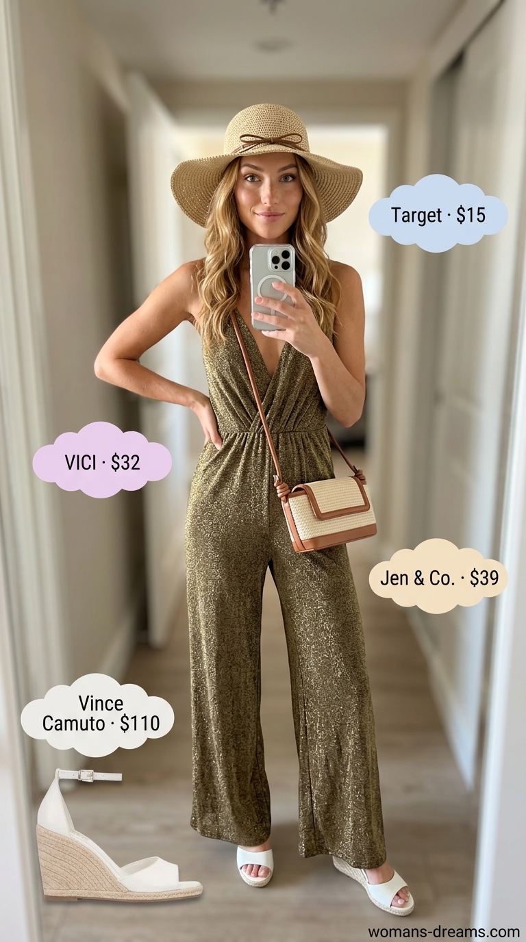 Sparkle concert outfits for women summer 2026: Gold sequin romper, espadrille wedges, straw hat, and crossbody bag for a radiant look.