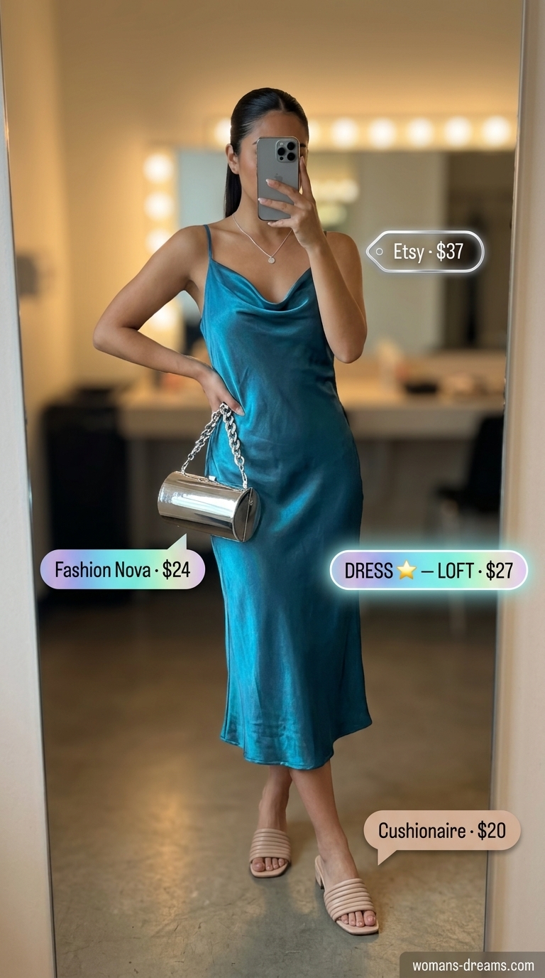 Sparkle concert outfits for women summer 2026: Iridescent slip dress, nude sandals, and silver necklace for an ethereal sophisticated look.