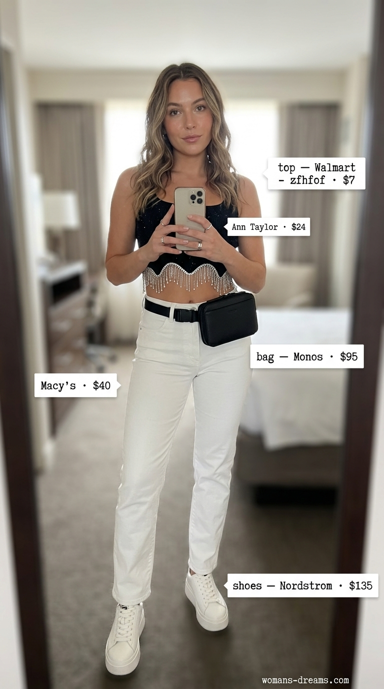 Rhinestone fringe tank top with high-waisted jeans for casual sparkle concert outfits for women summer 2026.